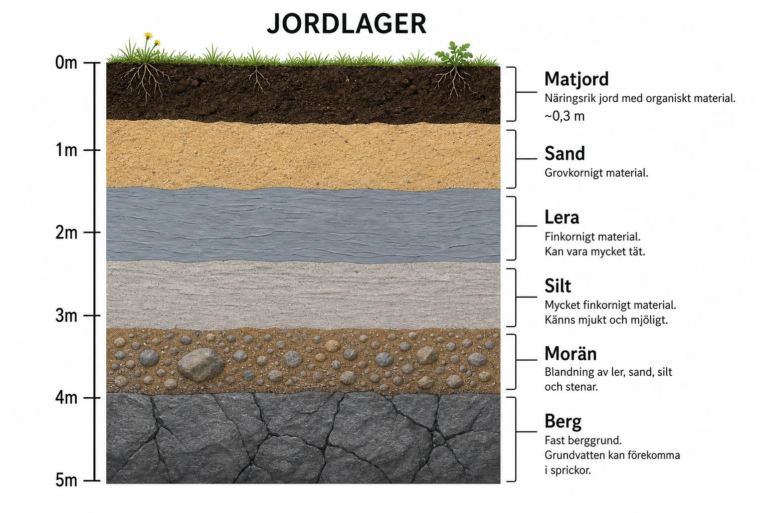 Illustration av svenska jordlager: matjord, sand, lera, silt, morän och berg med djupskala i meter